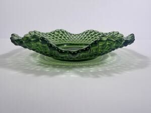Vintage Green Pressed Glass Ruffled Edge Dish Starburst Center Diamond Point Dec